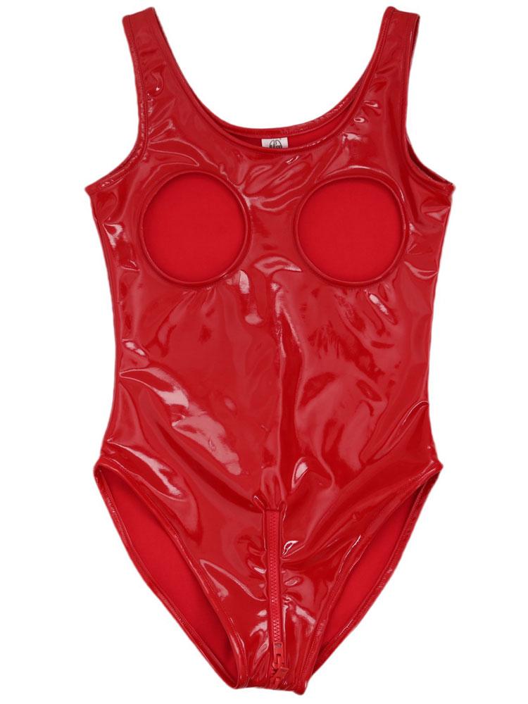 Women's Hollow Out Breast Wet Look PVC Shiny Bodysuit Tops Zipper Open Crotch Erotic Tights Body Teddies Clubwear PU Catsuit