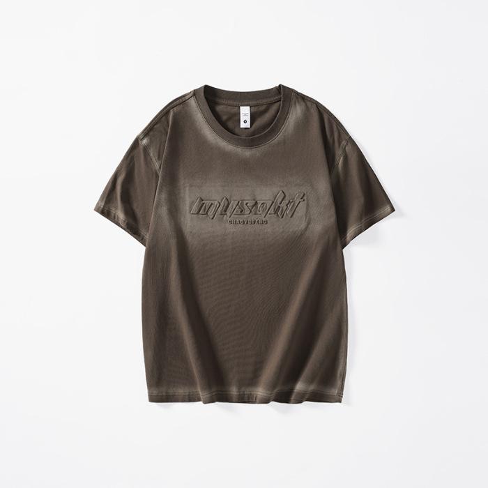 Heavy Wash Short-sleeved T-shirt for Men's Summer New Large-size Loose Embossed T-shirt Short Shirt
