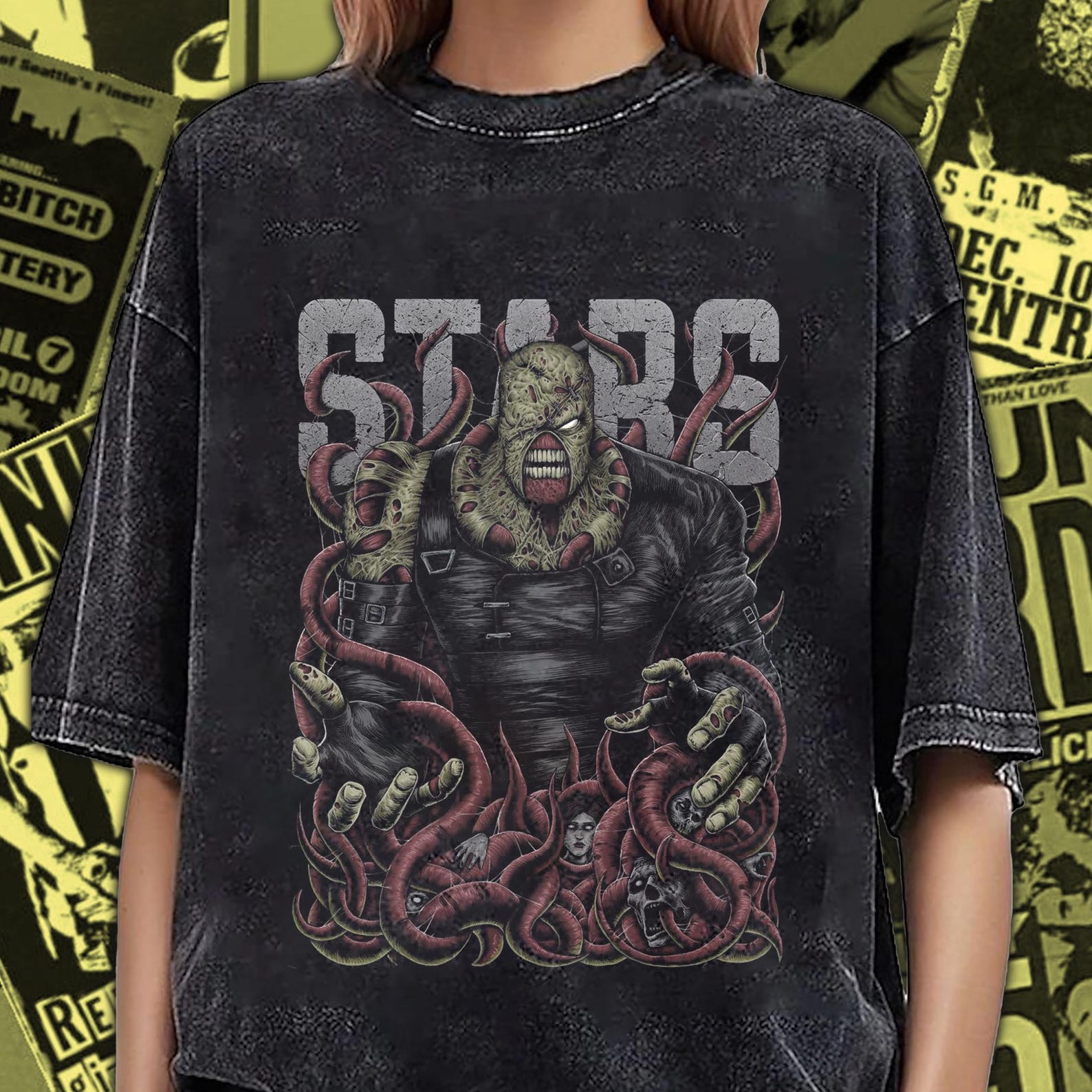 Vintage Washed Resident Evil T-Shirt Nemesis Design RE006 S