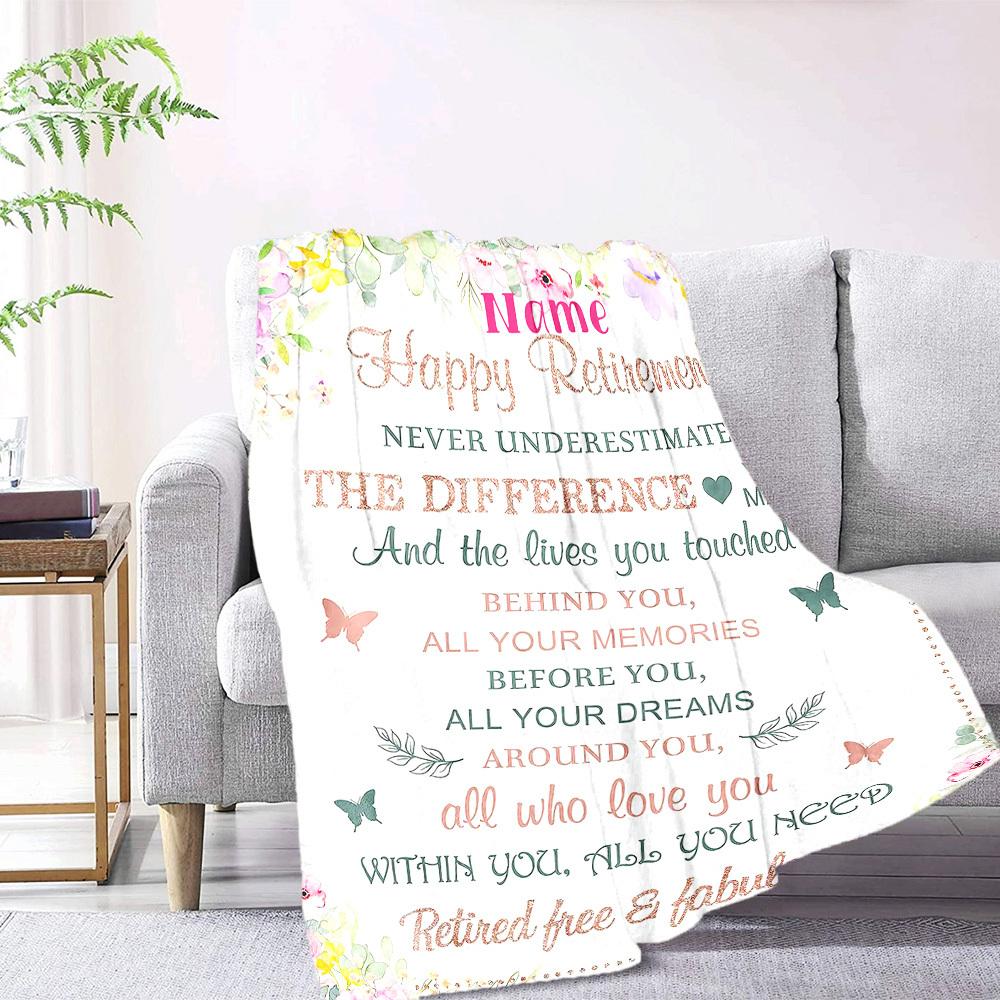 Retirement Greeting With Floral Frame And Inspirational Quote Multipurpose Customizable Blanket Name Warmthful Decor Suitable For Sofa Couch Office