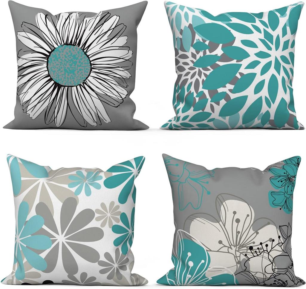 4Pcs Blue Gray Floral Cushion Covers, Modern Daisy & Leaf Print Pillow Cases For Sofa Bedroom Living Room Decor 45X45Cm