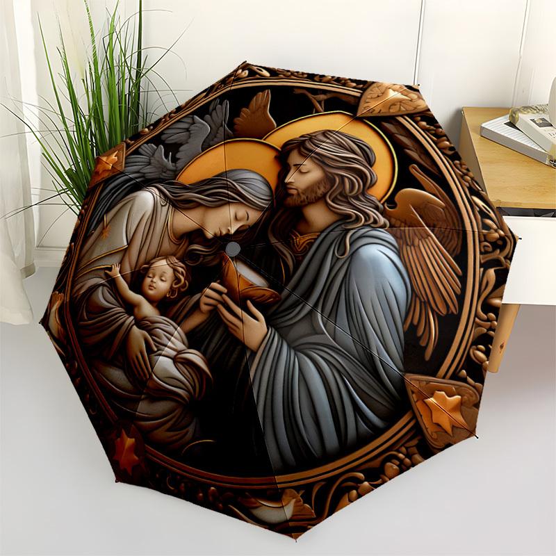 1 Stück Kleiner Jesus, „Heilige Familie“ Modischer Automatisches Öffnen/Schließen Faltbarer Regenschirm mit 8 Speichen, Winddicht Tragbar, Tägliche Nutzung204