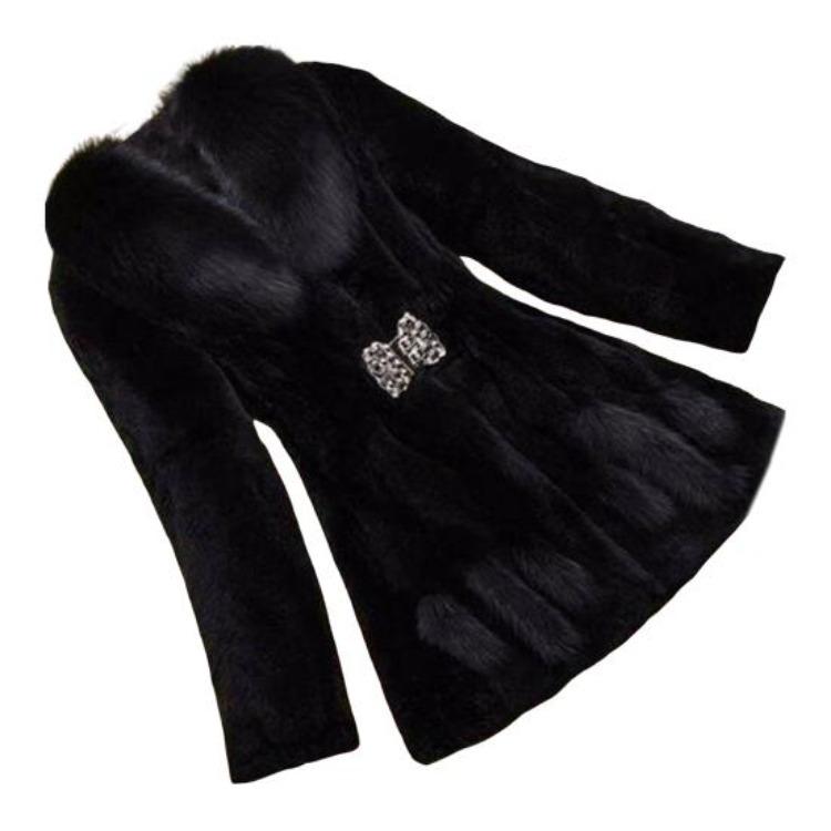 Cappotto in Finta Pelliccia Donna Inverno Morbido Fibbia Strass Slim Elastico Lunghezza Media