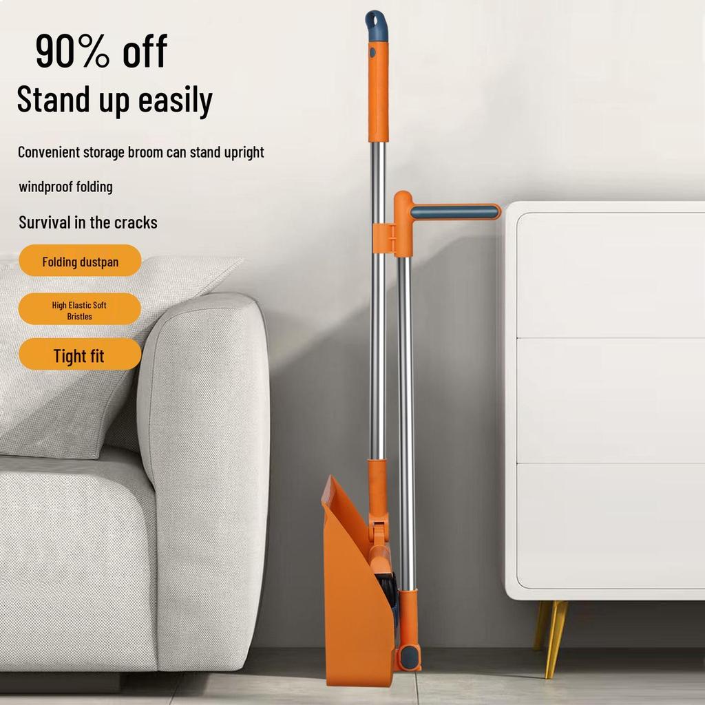 Folding Broom & Dustpan Set - Large, Thick, Non-Stick Hair Sweeper for Bathroom Cleaning