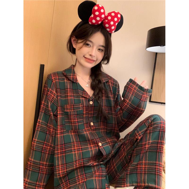 

Уютный клетчатый зимний парный комплект в корейском стиле - Повседневная верхняя одежда и домашняя одежда с начесом One Size