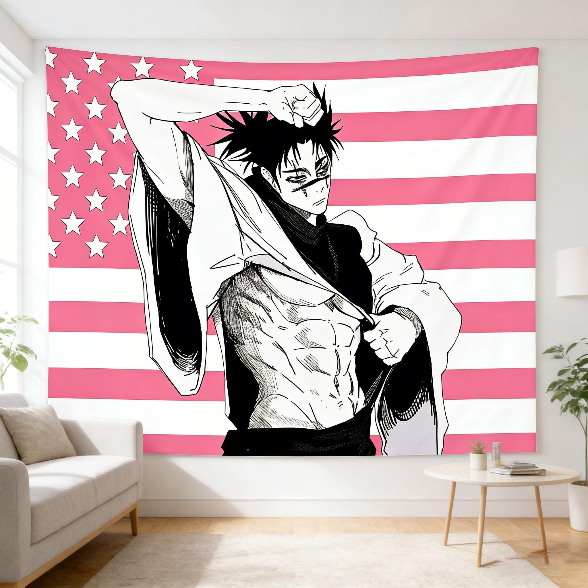 Kaisen Choso Japanese Anime Wall Tapestry Pink American FlagBohemian Tapestry Bedroom Dorm Tapestry Aesthetic Wall Hanging Decor 100X70CM