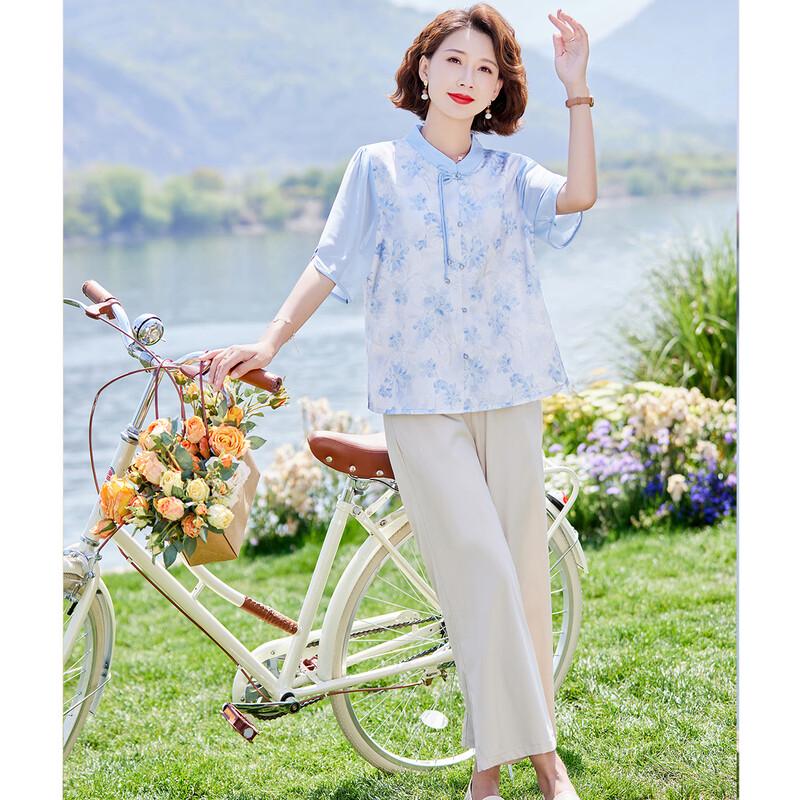 Pasite New Chinese Style Chiffon Top & Casual Pants Set for Moms