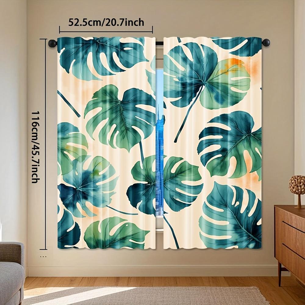 2pcs Tropical Green Leaf Curtains - Semi-Sheer Polyester, Watercolor-Inspired Hawaiian Style, Rod Pocket Drapes for Living Room
