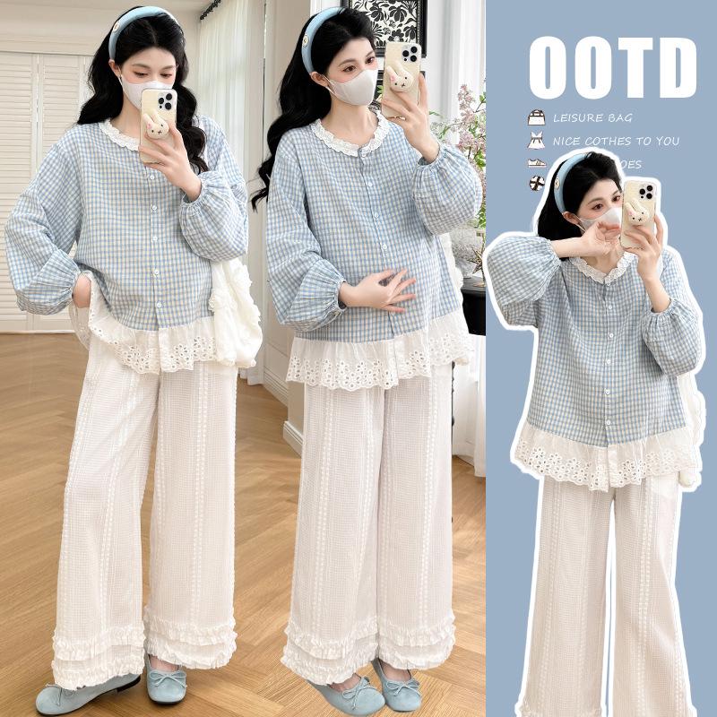 Mori Style Maternity Plaid Lace Top & Wide-Leg Pants Set (Two-Piece)