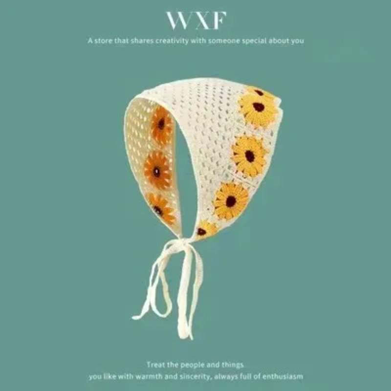 Ins Style High-end Triangular Headscarf for Summer Outings and Rural Style  New Retro Knitted Hollow Headscarf for Women