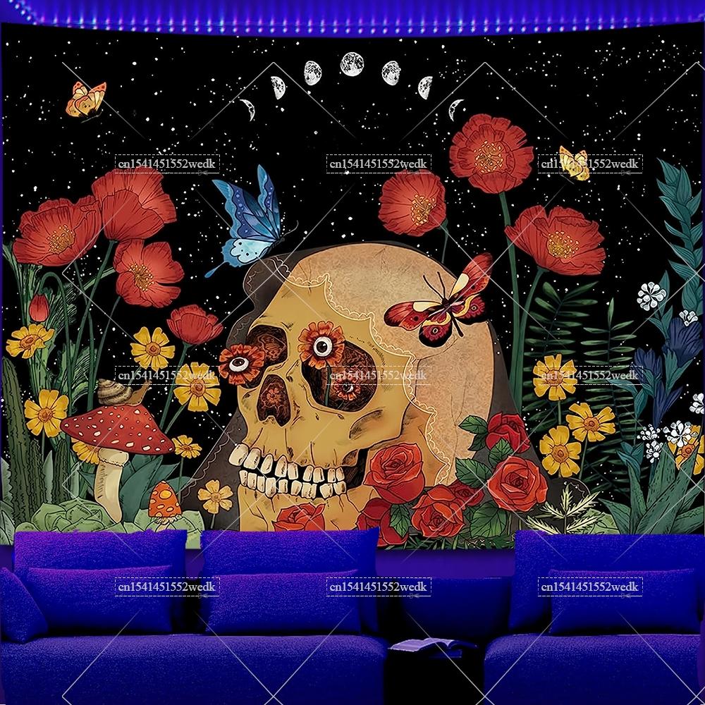 Skeleton Eye Blacklight Mushroom Tapestry UV Reactive Sun And Moon Neon Tapestrys Glow In The Dark Aesthetic Room Decor Posters