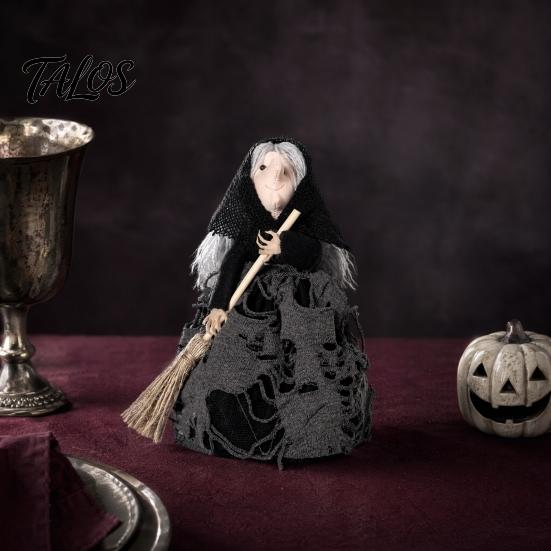 Retro Witch Figurine Halloween Kitchen Doll, Small Statue with Broom, Black And Orange Doll Tabletop Party Decoration for Table Fireplace Holiday Home