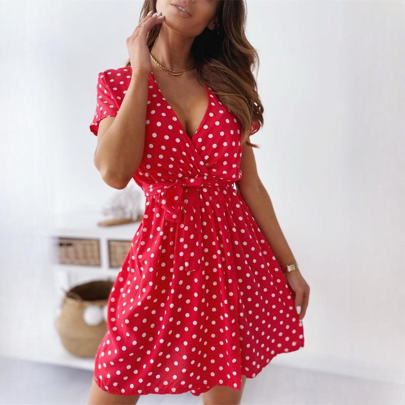 Women Summer Fashion Short Sleeve V Neck Mini Dress Female Polka Dot Split Dresses Vestidos for Women Beach Party Boho Dress
