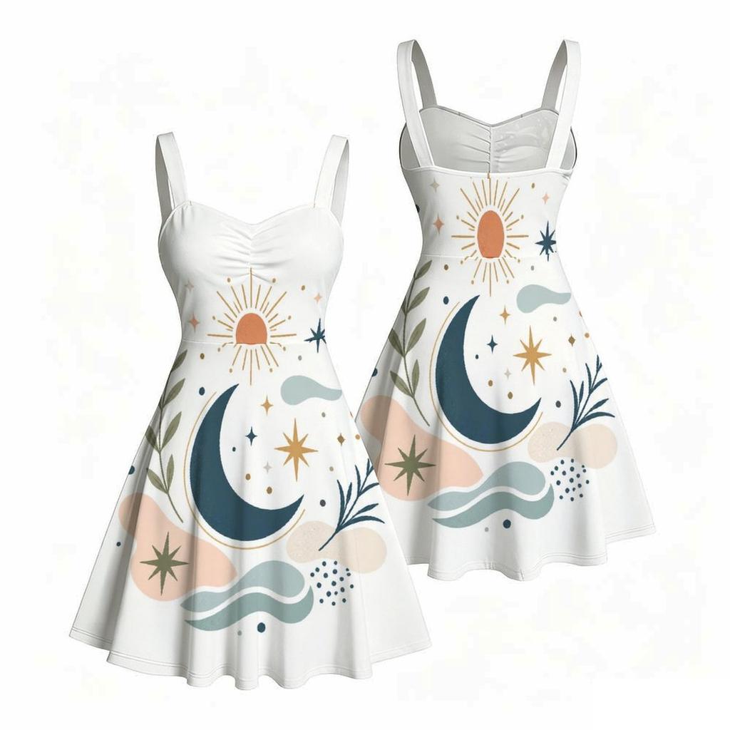 Women Plus Size Spaghetti Strap Off Shoulder Dress Constellation Shooting Star Celestial Print Swing Dress