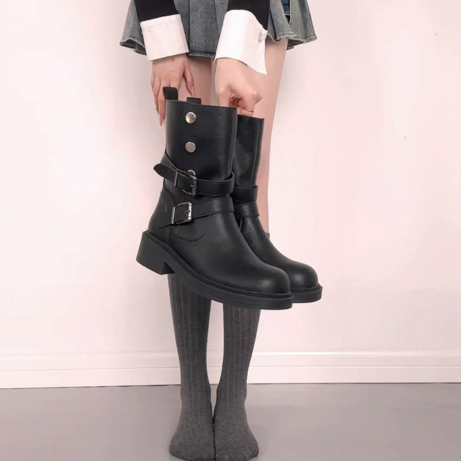 Sheepskin Version~ Retro British Style Round Head Belt Buckle Thick Heel Martin Boots Femininity Versatile Fashion Thin Short Boots