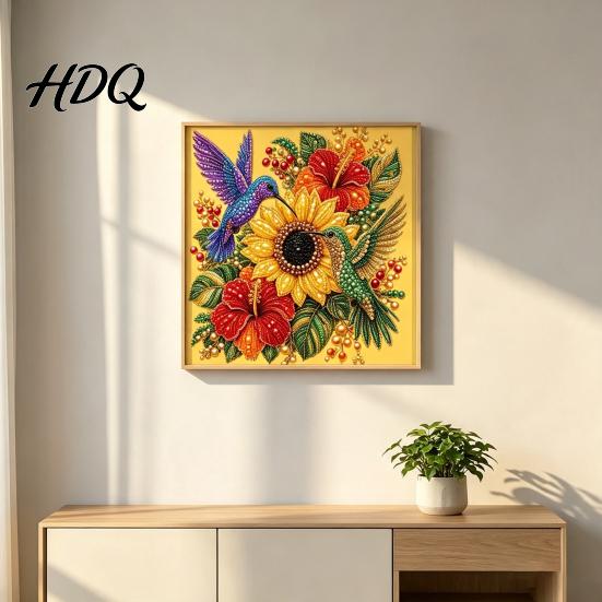 Floral Faux Pearl Design Hummingbird Art Kit Flower Bird Painting DIY Handmade Mosaic 3D Wall Craft Kit for Adults Gift Zen Project