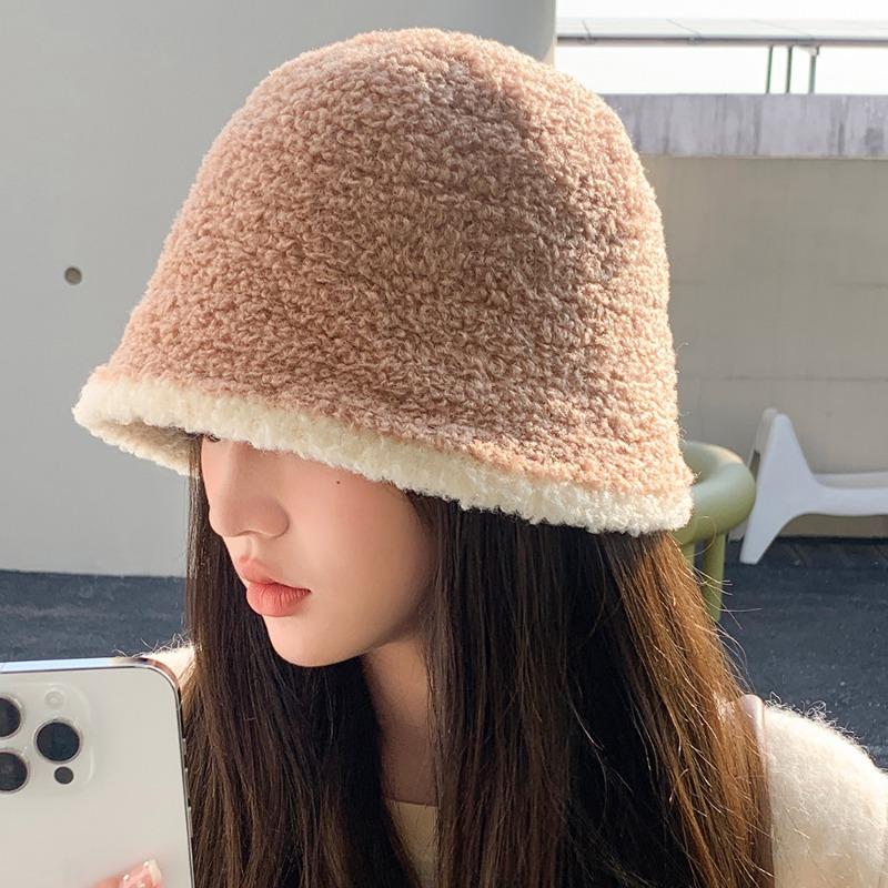 Fisherman's Hat Autumn Winter Lamb Plush Color Blocked Bucket Basin Hat Outdoor Warm Fashionable Women's Knitted Hat Hats & Caps (women’s)