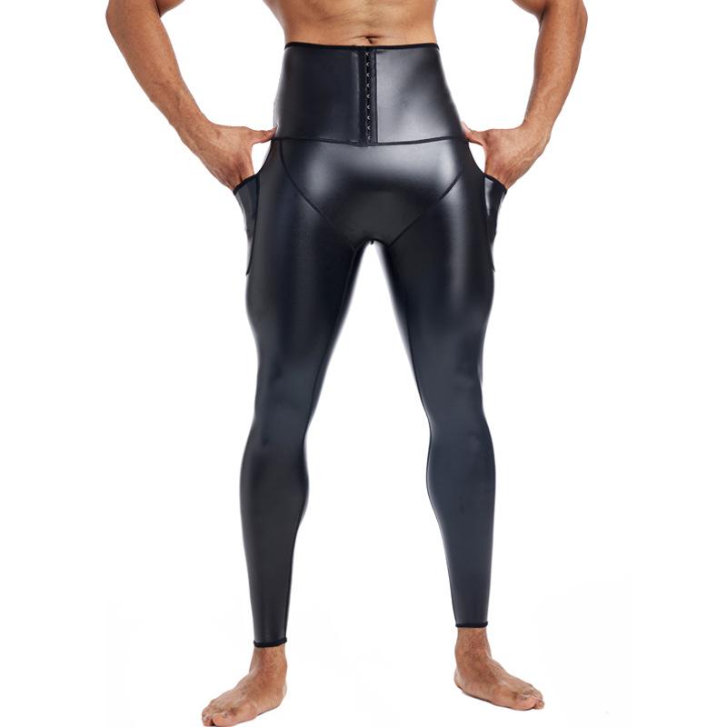 Men High Waist Tummy Control Butt Lifting Leather Body Shaping Nine Quarter Pants With Pockets