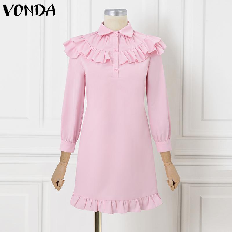 VONDA Women Elegant Lapel Ruffled Solid Color Long Sleeve Dresses