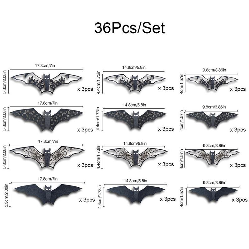 

3D Наклейка Летучая мышь с прорезями 36 шт./набор Смешанный Разный размер Черные Ужасные Летучие мыши DIY Украшения для Захватывающего Дома Хэллоуин Вечеринка ZYF