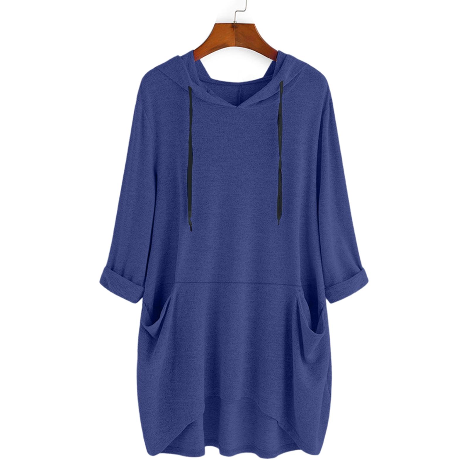 

Женский модный однотонный пуловер с длинным рукавом, карманом, длинный и свободный L тёмно-синий