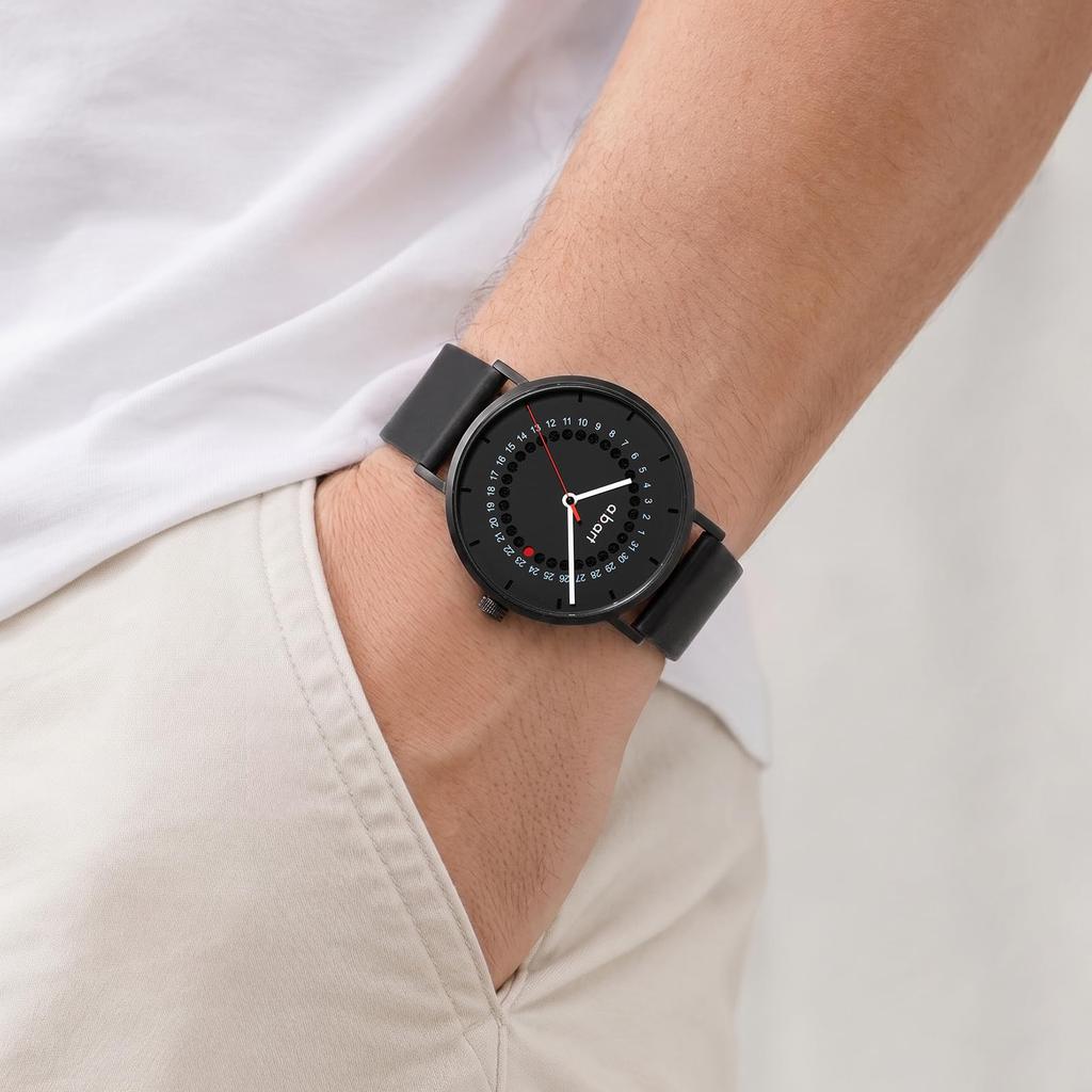a.b.art Men's Quartz Watch, Red Dot Jump Date Calendar, Swiss-made Ronda Quartz Movement, Sapphire Crystal, Minimalist Simple Design, Black Leather St