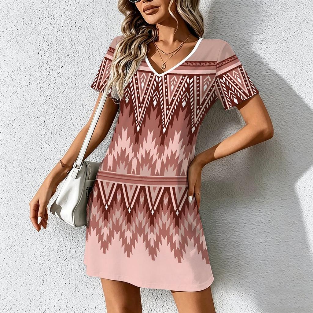 Summer Fashion Women's V Neck Short Sleeve Retro Geometric Pattern Printed Dress Sex Short Skirt Dresses
