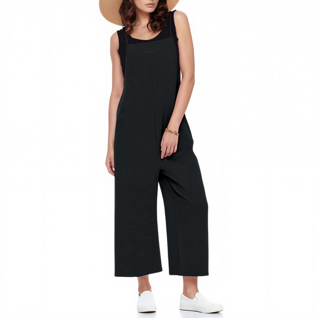Casual Wide Leg Jumpsuits For Women Solid Color Overalls Rompers Outfits With Pockets
