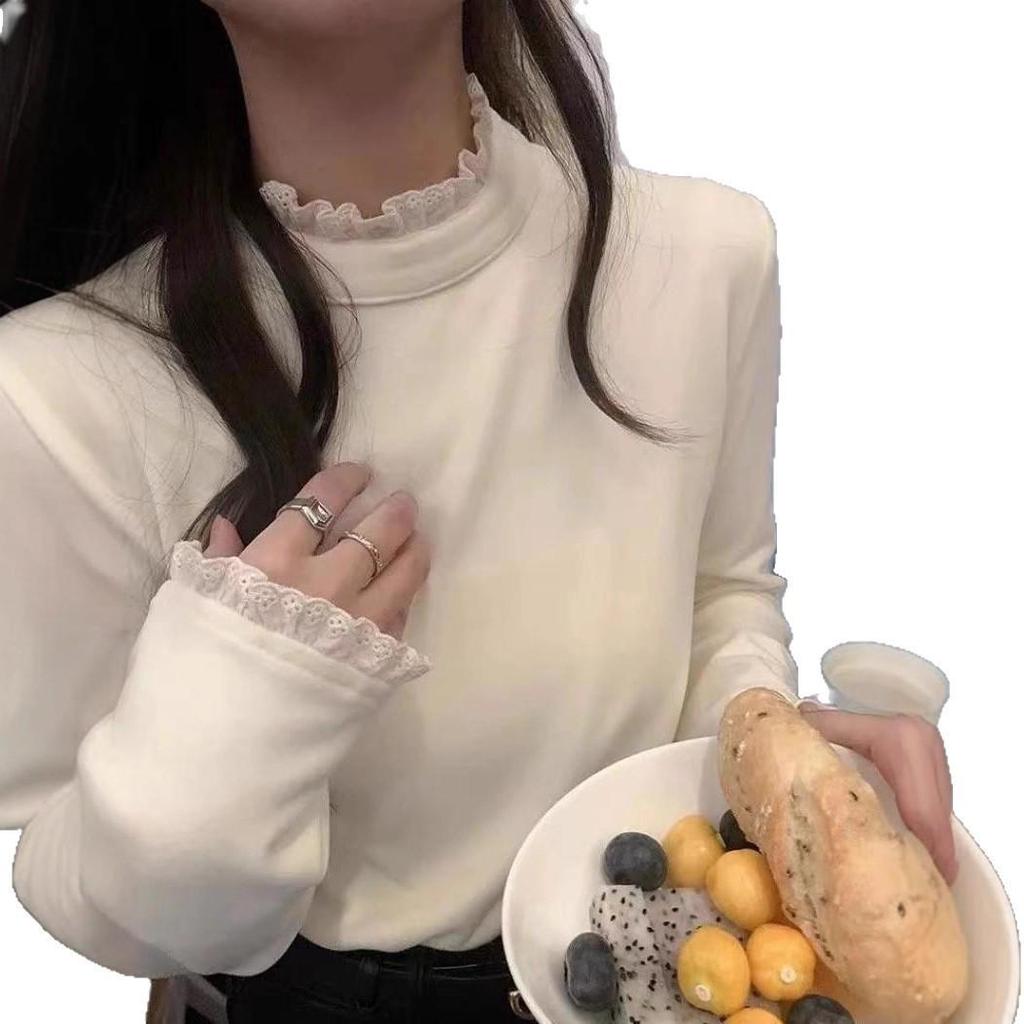 Women's Lace Trim Velvet High Collar Long-Sleeve T-Shirt for Autumn/Winter 2025