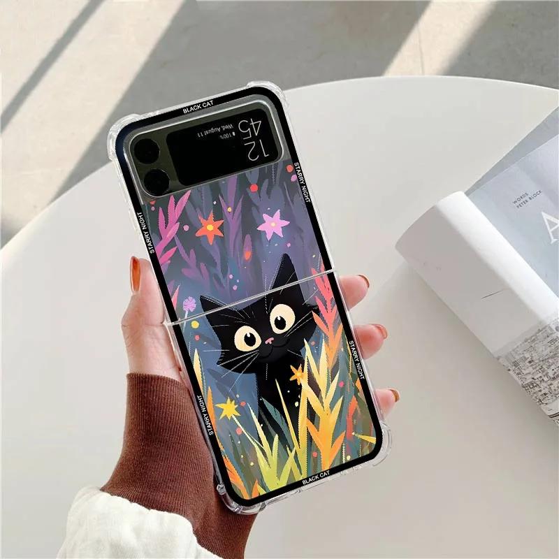Artistic Black Cat Starry Night Phone Case For Samsung Galaxy Z Flip 6 5 4 3 5G Shockproof Cover For Samsung ZFlip3 Flip4 ZFlip5