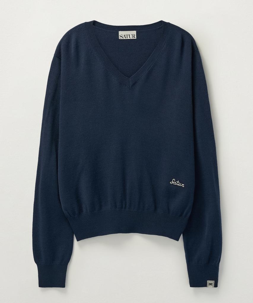 Seteo (W) V-Neck Fine Wool Knit Navy