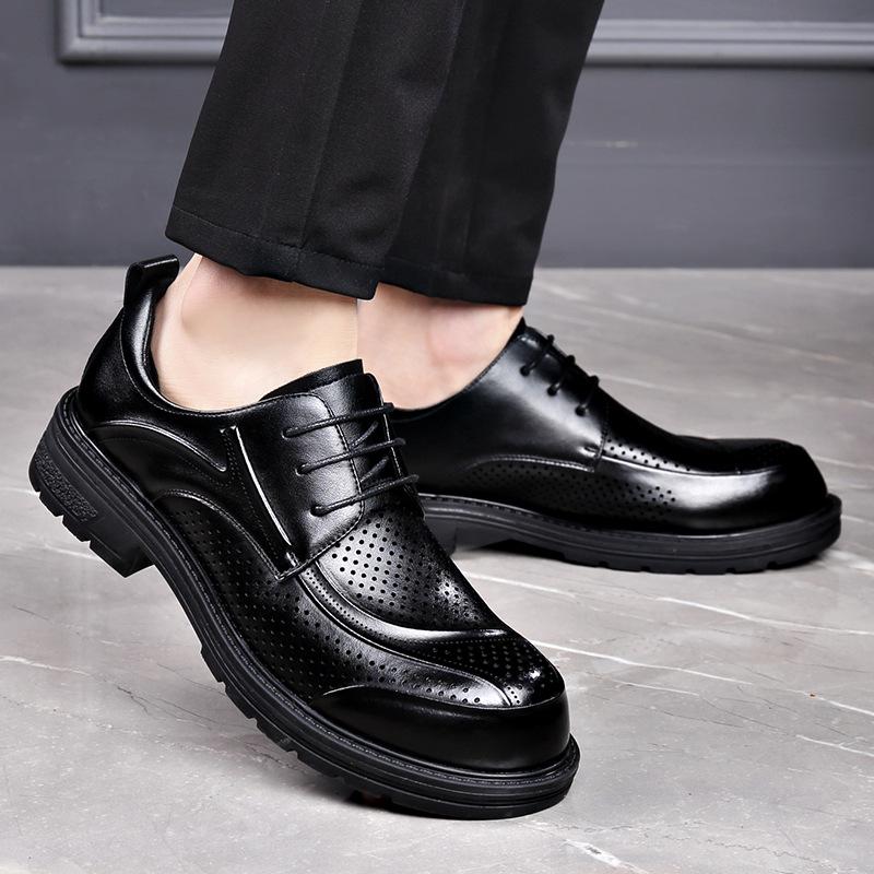 Men's Summer Breathable Lace-Up Leather Shoes - Versatile, Comfortable, Trendy, Perforated, Thick Sole Casual Footwear.
