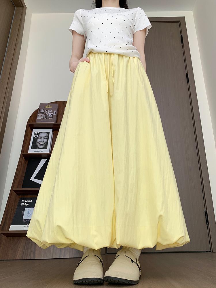 Damskirt med hög midja, elastisk, drapering och lykta, koreansk stil - Vår/Sommar