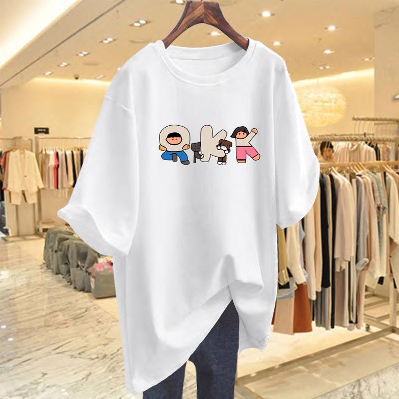 

pure cotton white cartoon print loose t-shirt women s summer short-sleeved new top bottoming shirt S