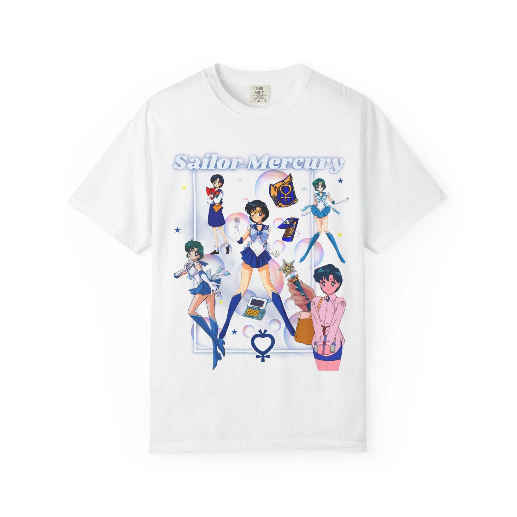 

2026 Новая хлопковая летняя футболка Sailor Mercury Коллаж Аниме футболка Пузыри Жезл Мини-аксессуары для компьютера XL