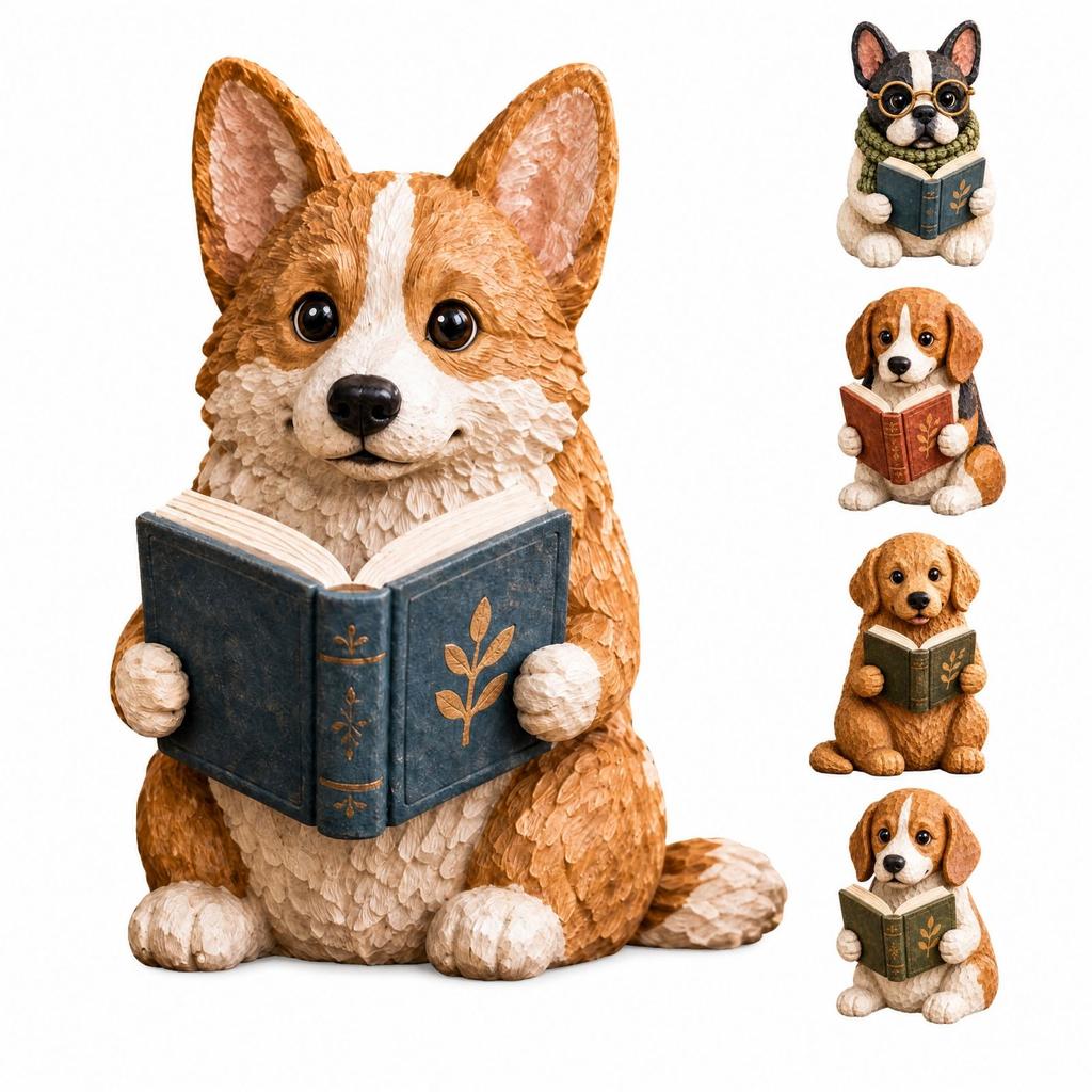 Dog Reading Book Statue Decorative Figurine for Bookshelf Desk Home Decor