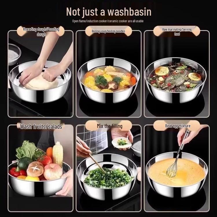 Extra Thick Stainless Steel Multi-Purpose Basin: Ideal for Dough, Vegetable Washing, Soup, Hot Pot, and Boiled Fish.