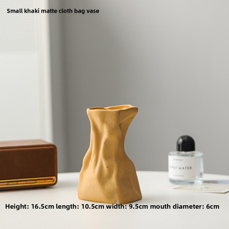 Nordic Cream Ruffle Fabric Ceramic Vase for Dried Flowers Irregular Pouch Shape Home Decor Living Room Table Centerpiece