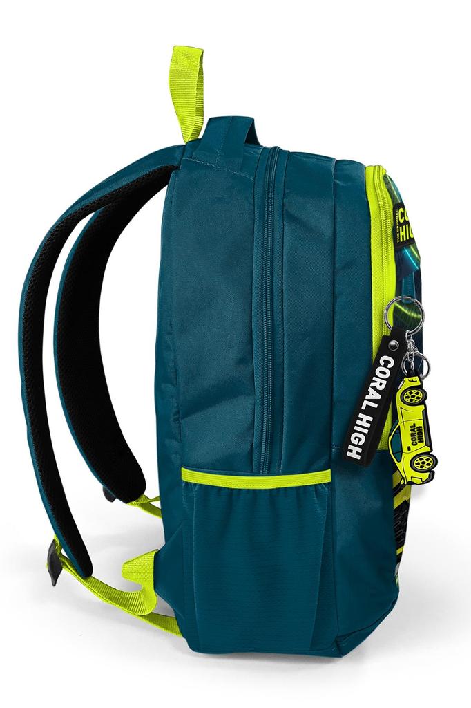 Coral High Kids Nefti Fosforowy Żółty Wzór Samochodowy Trzykomorowy Plecak Szkolny 14406