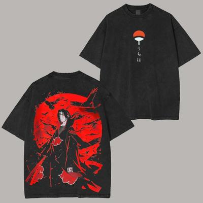 Naruto Itachi Uchiha Tričko Červený Mesiac Havran Vintage Kyselinou Opraté Streetwear Nadrozmerné Y2K Retro Anime Grafické Pánske Tričká Bavlnené Oblečenie