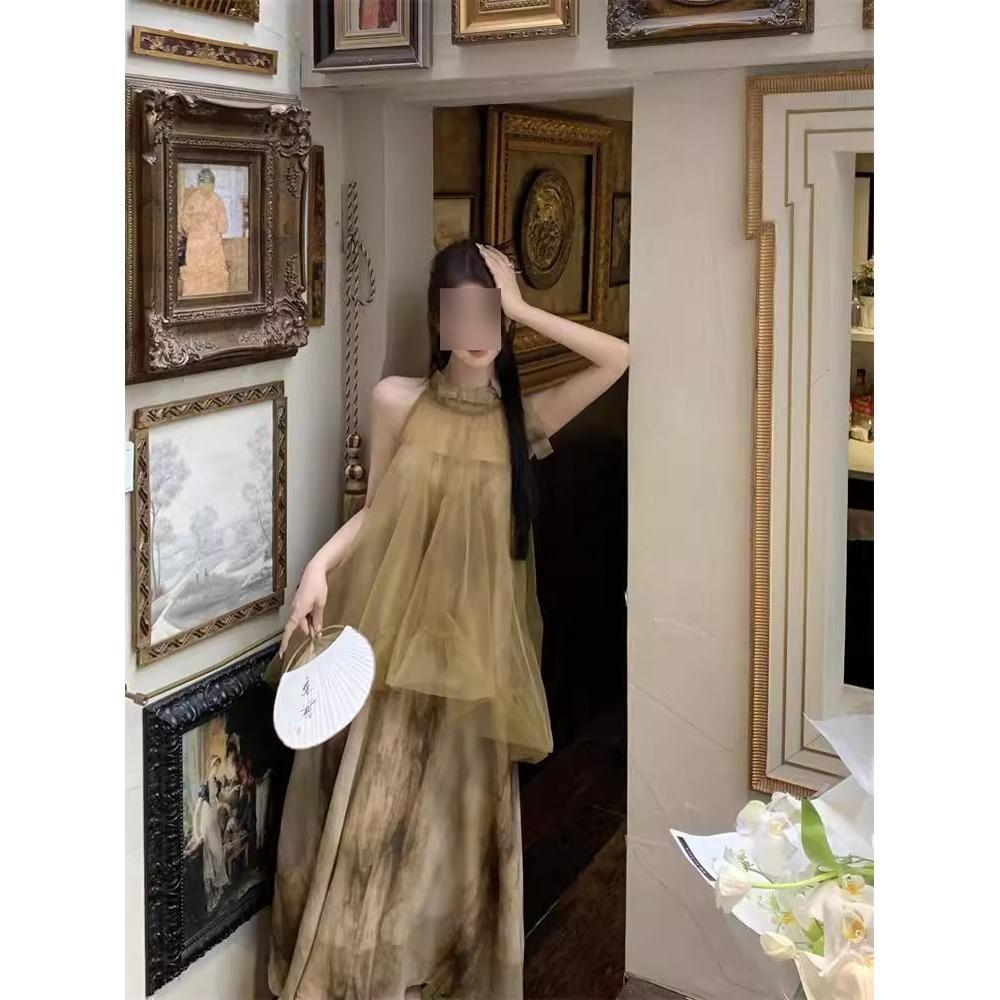 

Женское летнее повседневное новое платье с сетчатой вставкой, очень красивое, с принтом тай-дай на шее, имитация двух частей, длинное платье XL- (recommended 110-60kg)