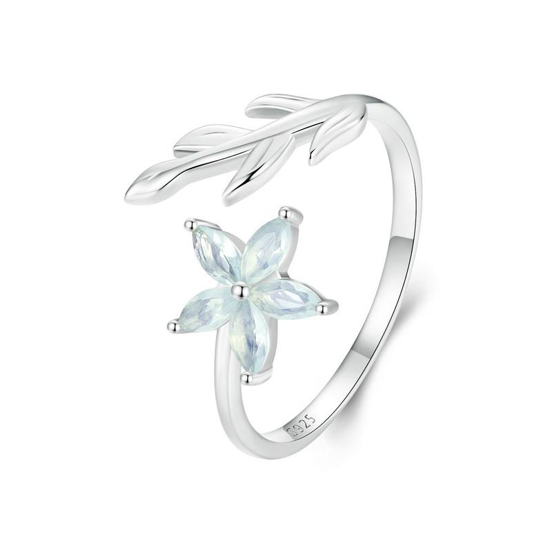 WOSTU 925 Sterling Silver Clear Green Cystal Flower Opening Ring For Women Hanmade Leaf Design Stackable Rings Girl Party Gift