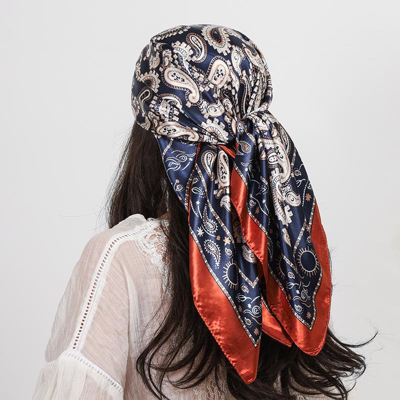 90cm Square Silk Scarves Women Hijab Shawls Paisley Cashew Flower Print Kerchief Femme Head Scarf Foulard Bandana Beach Pareo