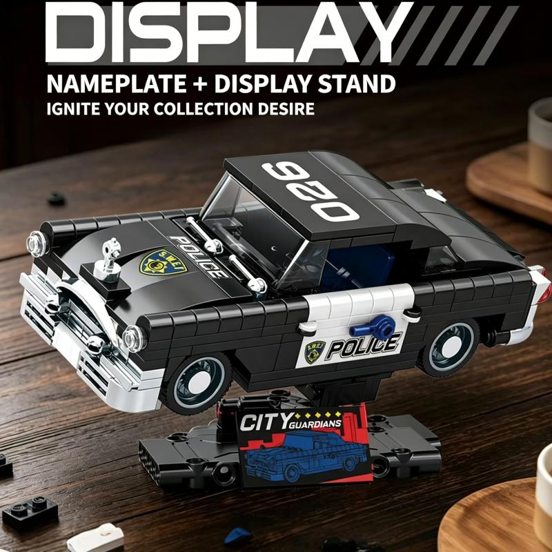 Building block set, 1:32 scale classic highway patrol police car model, handmade collectible with display base, perfect as a gif