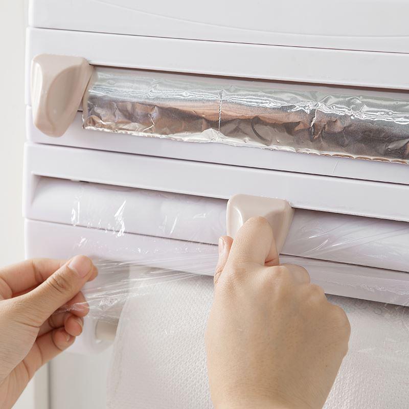Wandmontierter Küchenfolien- und Papierrollen-Organizer mit Schneider