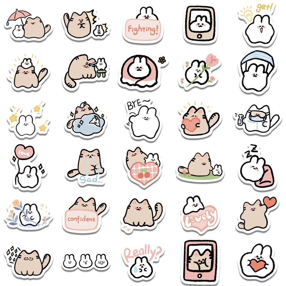60 Cartoon Cat and Rabbit Doodle Stickers Trolley Box Water Cup Diary Waterproof DIY Stickers