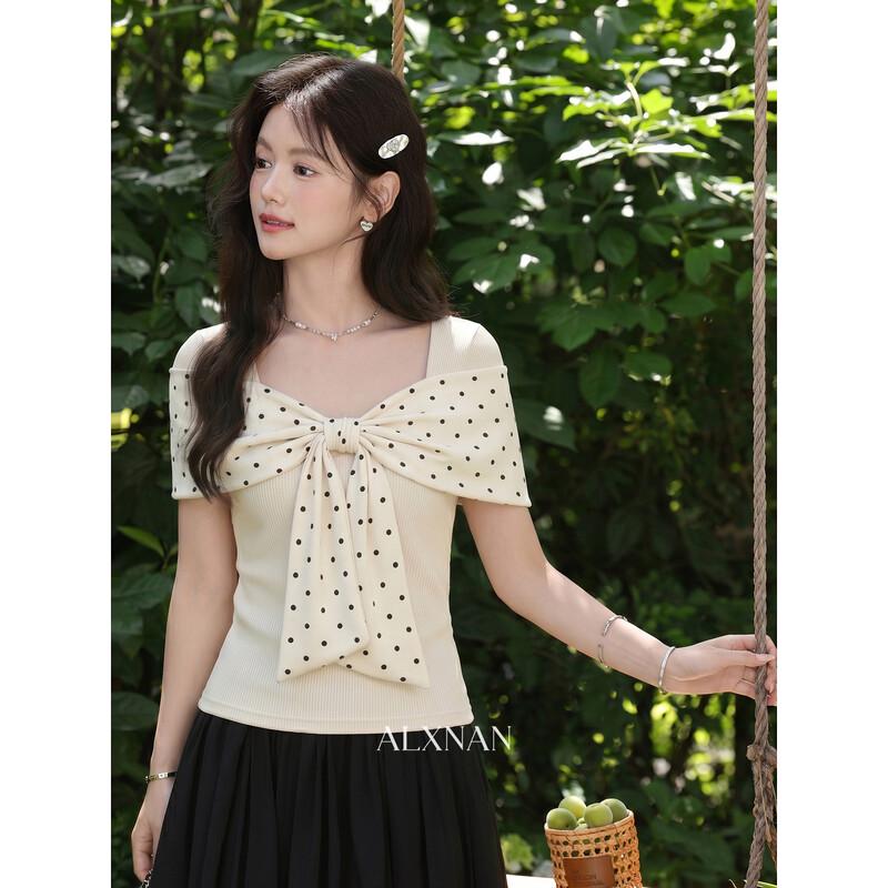 Women s Apricot Slim Fit Short Sleeve T-shirt with Butterfly Knot L