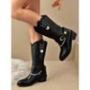 Women's Casual and Versatile Medium Boots New Fall Round Toe Chain Block Heel Solid Color Fashion Boots