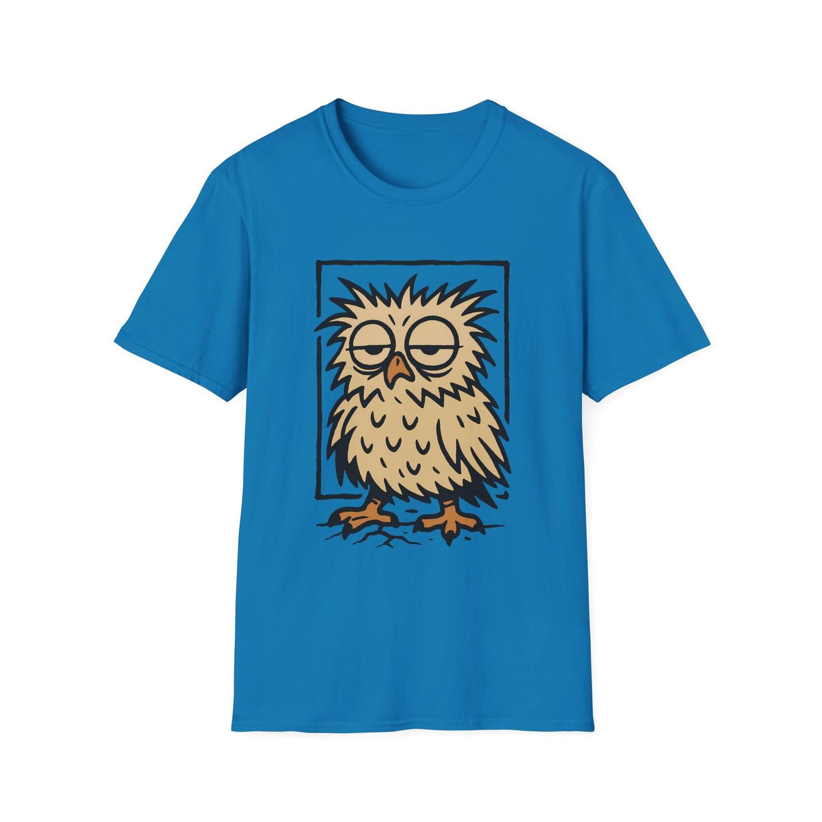 Unisex Soft-style Sleepy Owl T-Shirt Mens Womens Tees Top – Cartoon Bird Graphic Tee L
