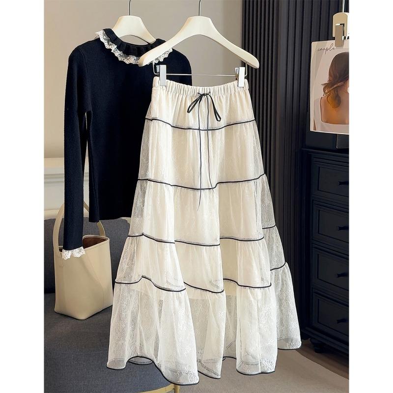 French Romantic Lace Pleated Heavy Industry Half-length Skirt Women's Spring and Autumn Temperament Elegant and Swinging A-shaped Cake Skirt